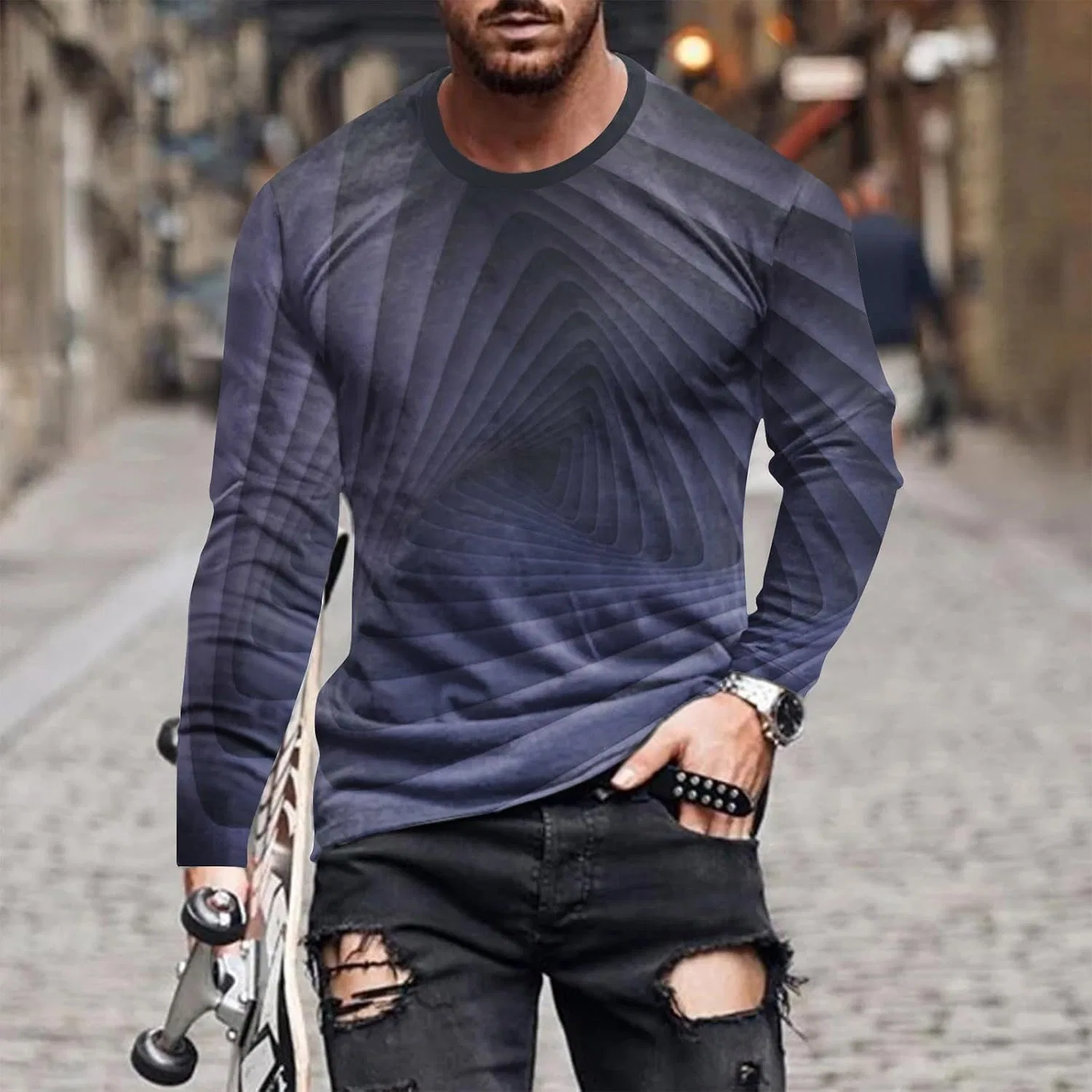 Мужская футболка с длинным рукавом с забавным принтом Vintage Loose, Navy — фото 2