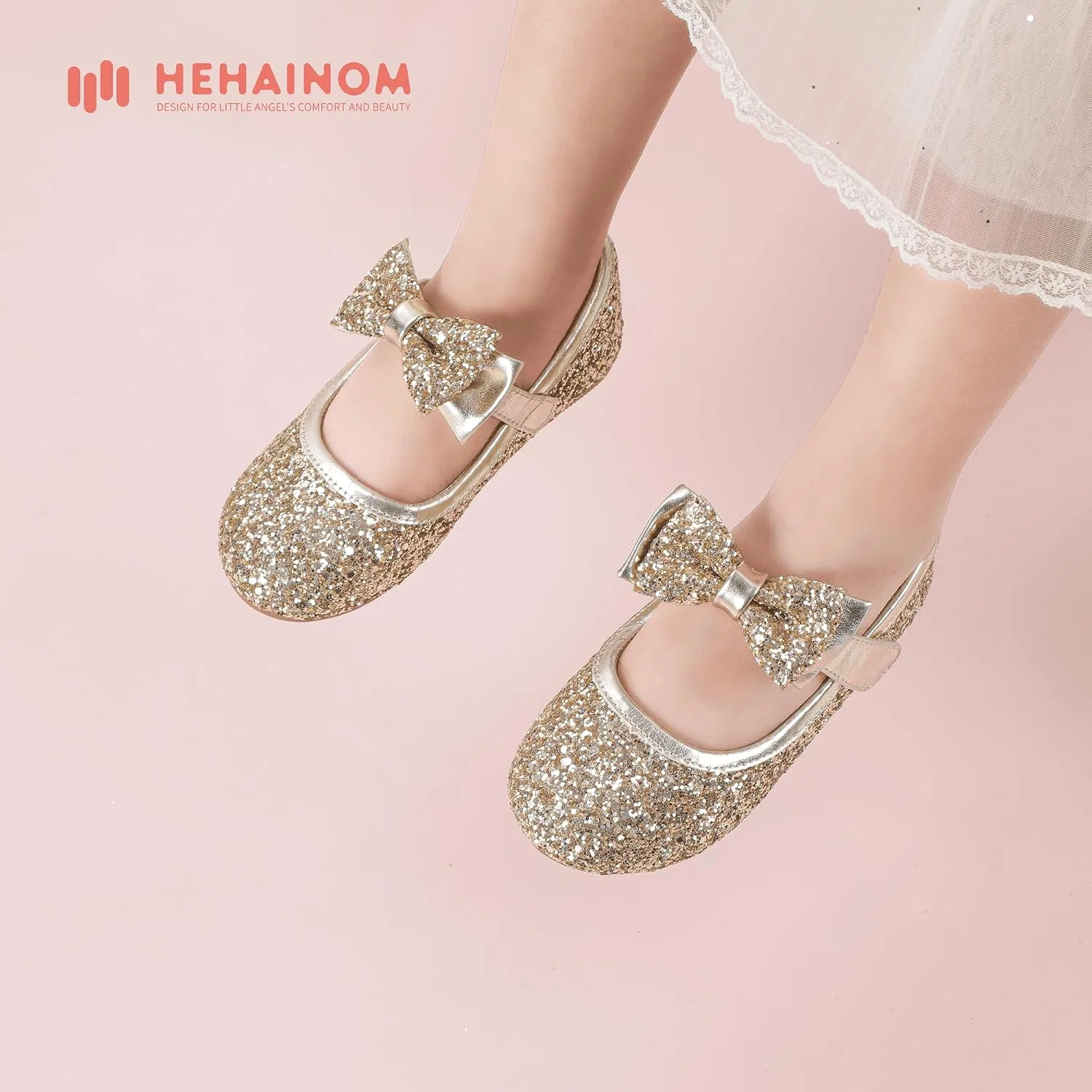 Детские туфли-балетки для девочек с цветочным принтом Hehainom, Alisa Gold Sequin — фото 2