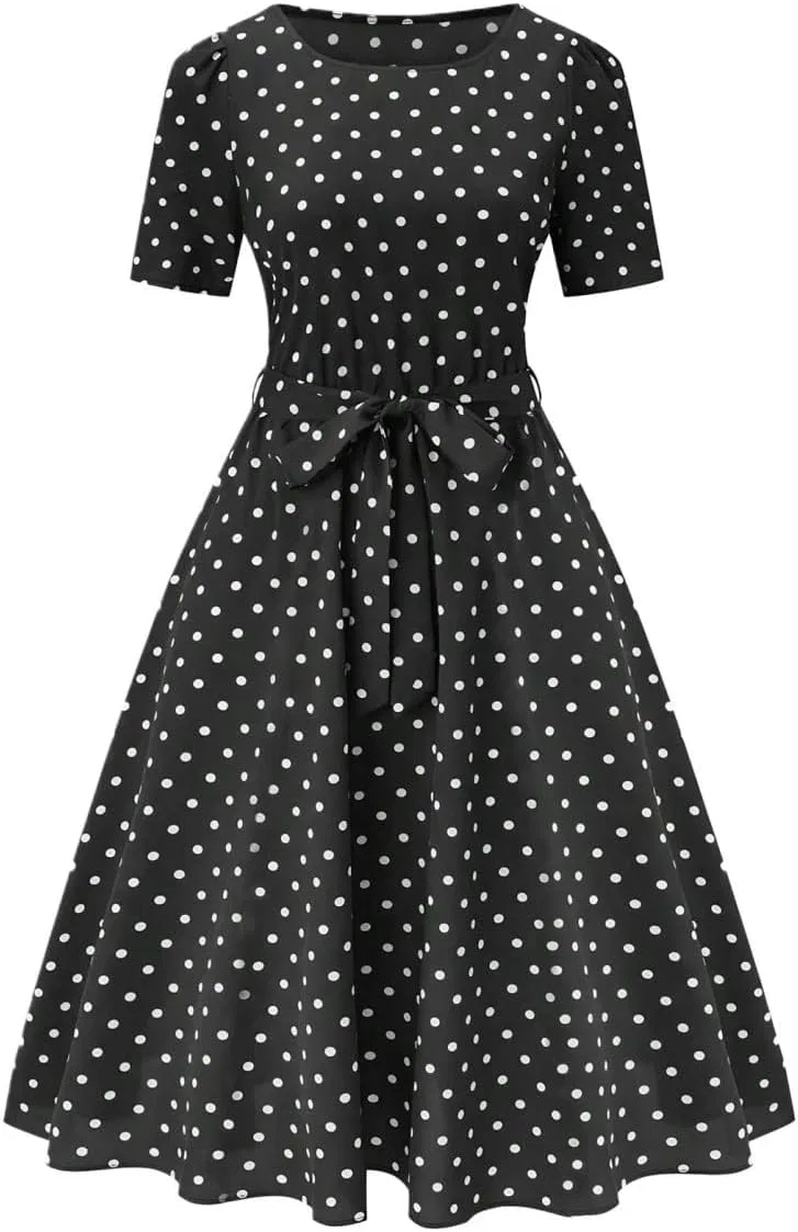 Женское платье миди с поясом A-line, Black and White