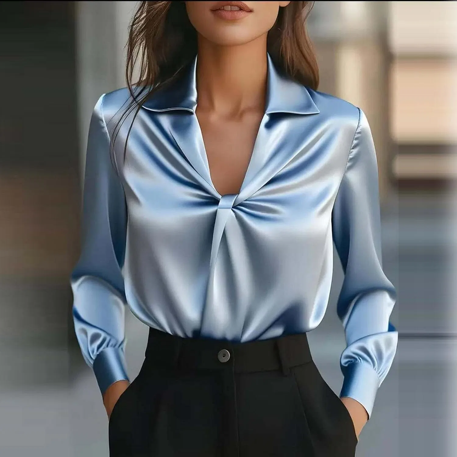Женская блуза с V-образным вырезом и драпировкой, Blue — фото 2