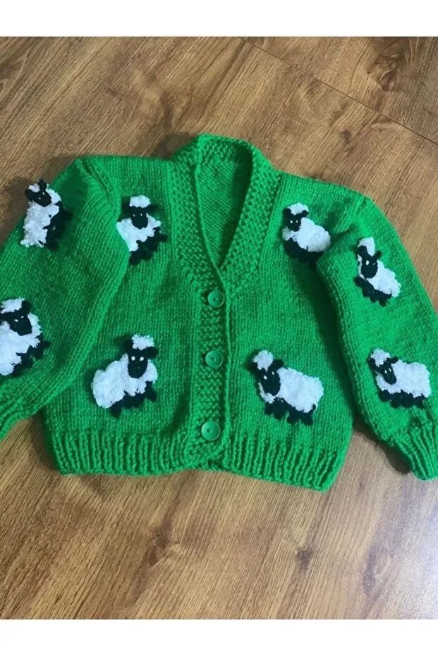 Детский кардиган с принтом Hand knitted green cardigan with lamb El Örgüsü Cici Bebe, Green