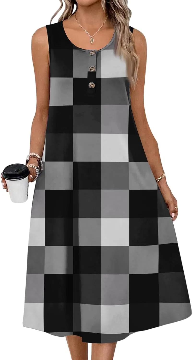 Женское платье в клетку макси с пуговицами, 3-Dark Gray