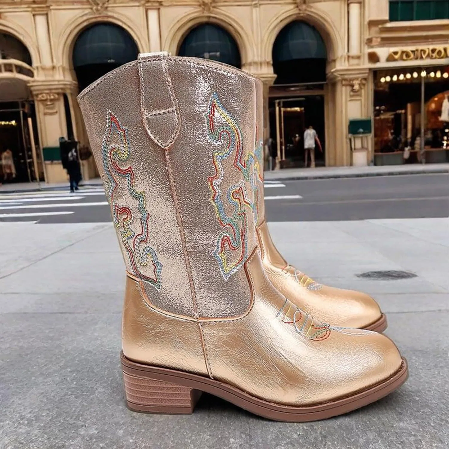 Детские сапоги для девочек с вышивкой ковбойские с боковой молнией Cowgirl Western Boots, Gold — фото 4