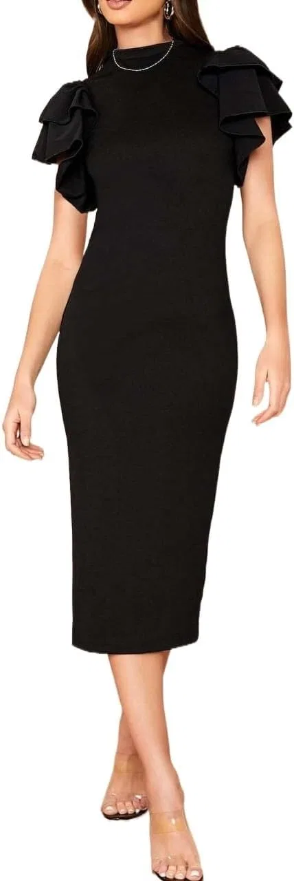 Женское элегантное миди-платье Slimming Fit Stand Collar, Black