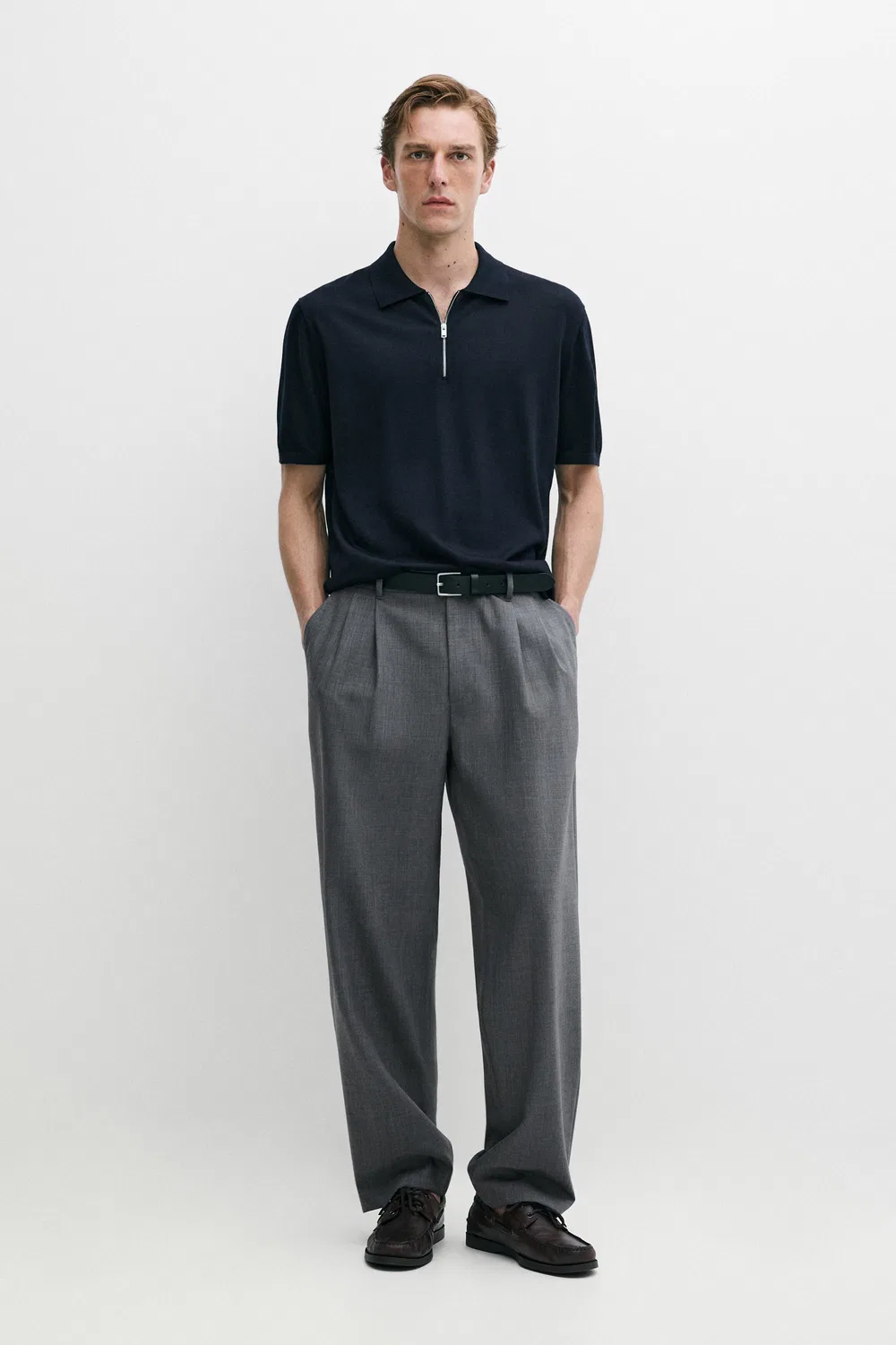 Рубашка-Поло из смесовой шерсти с застежкой-молнией Massimo Dutti, темно-синий