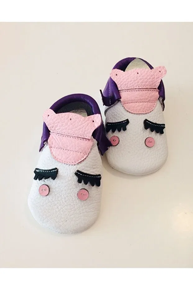 Детские мокасины для девочек кожаные Unicorn Themed Genuine Leather Moccasin Çizmeli Kedi, White — фото 3