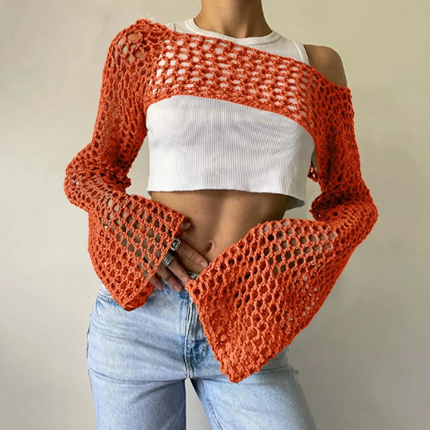 Женское вязаное пляжное платье-накидка с вырезами, Orange — фото 2
