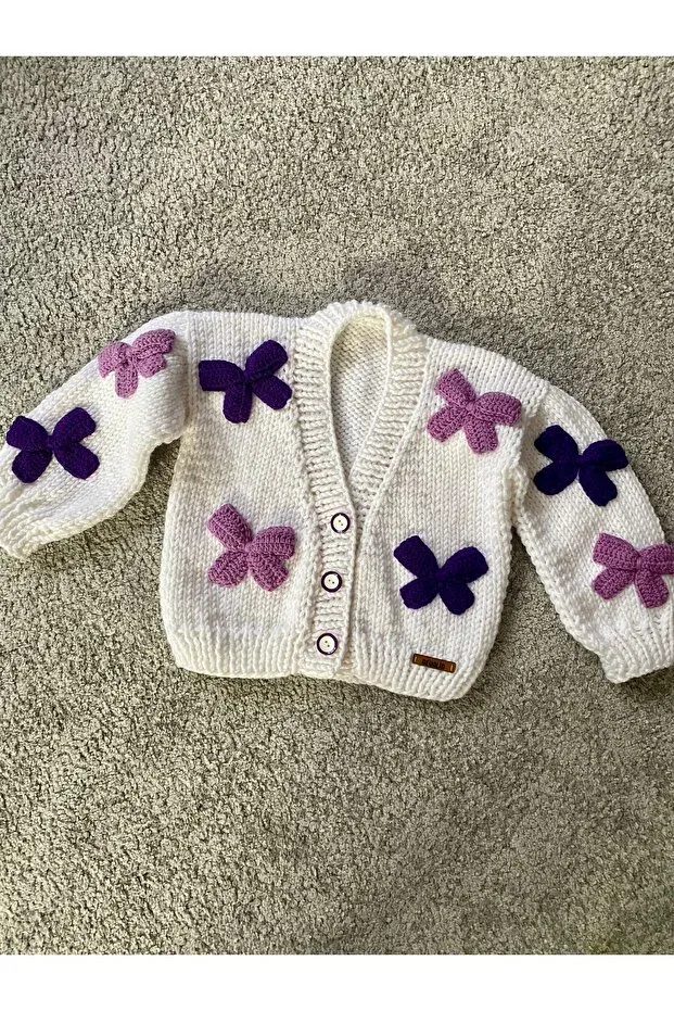 Детский вязаное кардиган для девочек с бантом Hand knitted bow detailed girl's Nevalin, White — фото 2