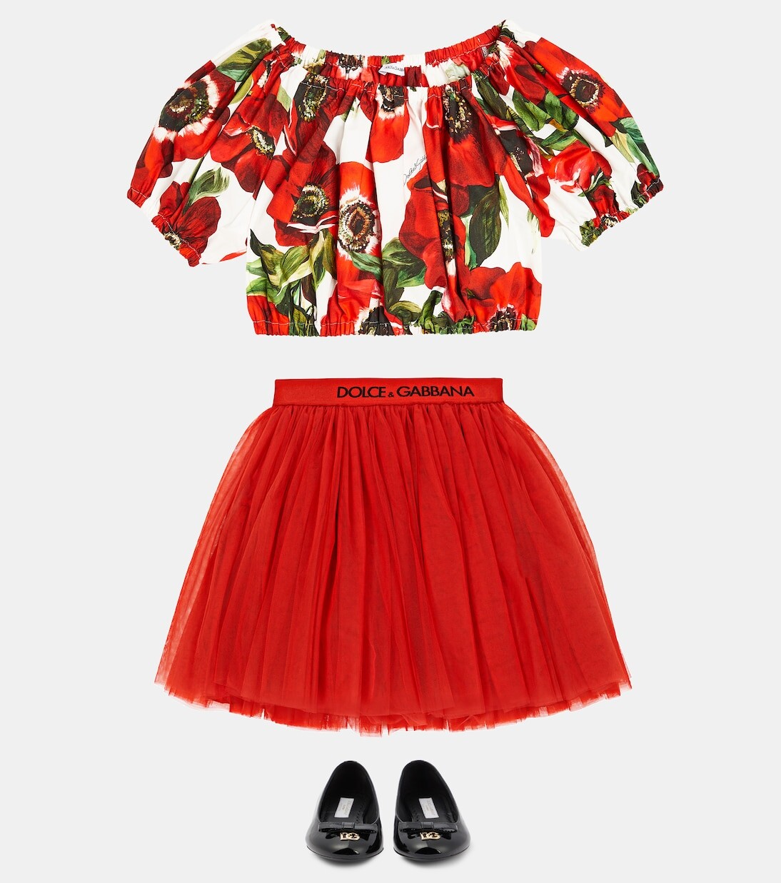 Хлопковый укороченный топ с открытыми плечами и цветочным принтом Dolce&Gabbana Kids, красный — фото 2