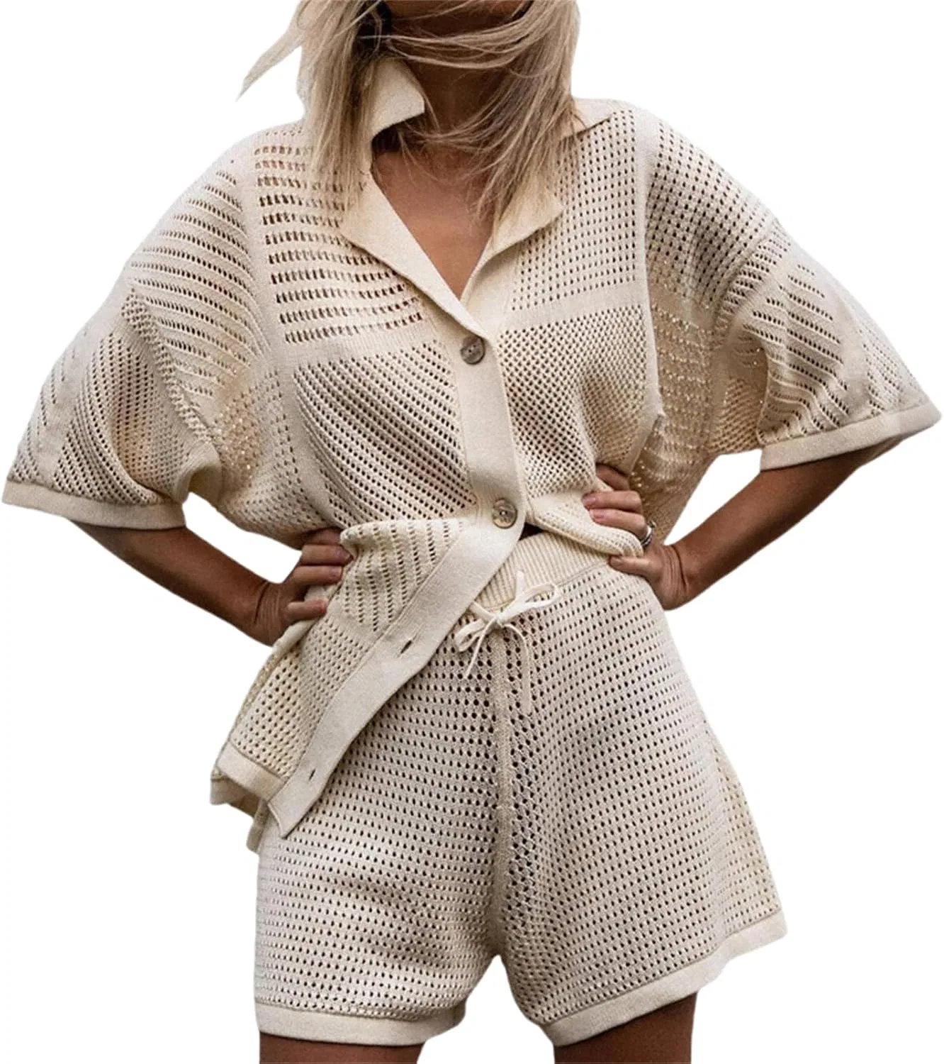 Женский пляжный комплект из двух предметов вязаный крючком, Beige