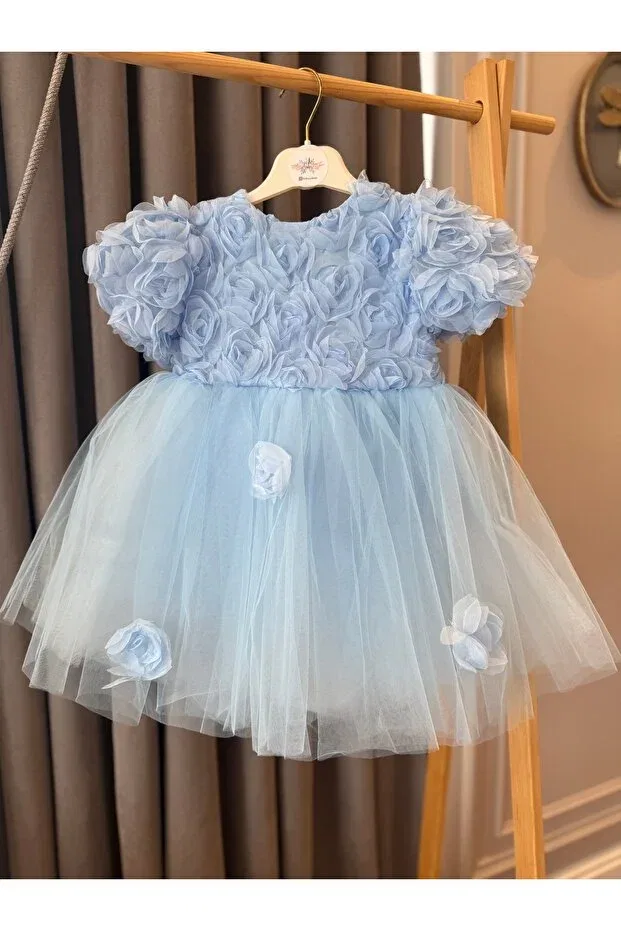 Детское платье для девочек с принтом Babyaden embossed floral balloon sleeve tulle bow detailed birthday party costume girl child dress Baby Aden, Blue — фото 3