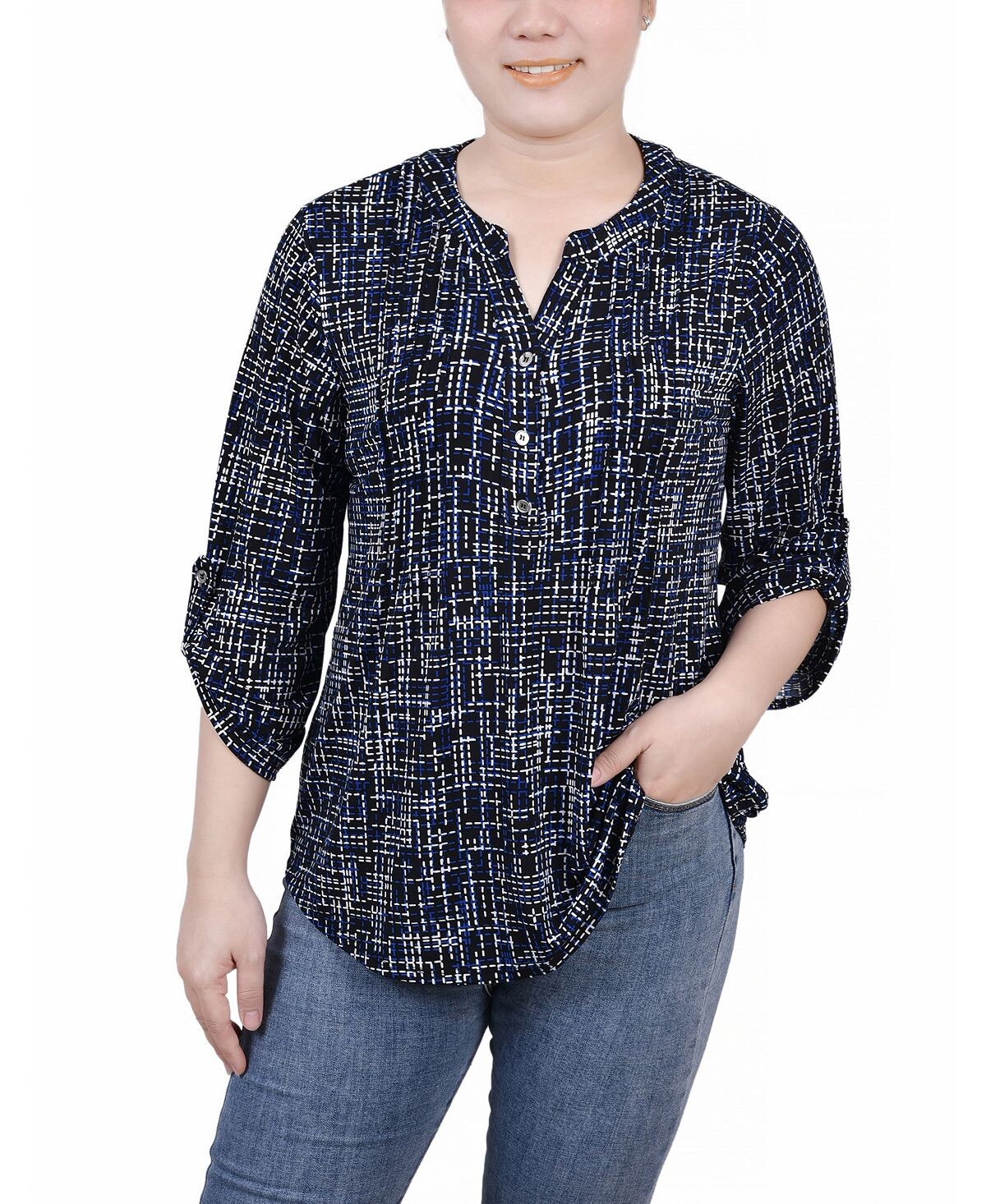 

Топ petite с y-образным вырезом и рукавами-фонариками 3/4 NY Collection, мульти
