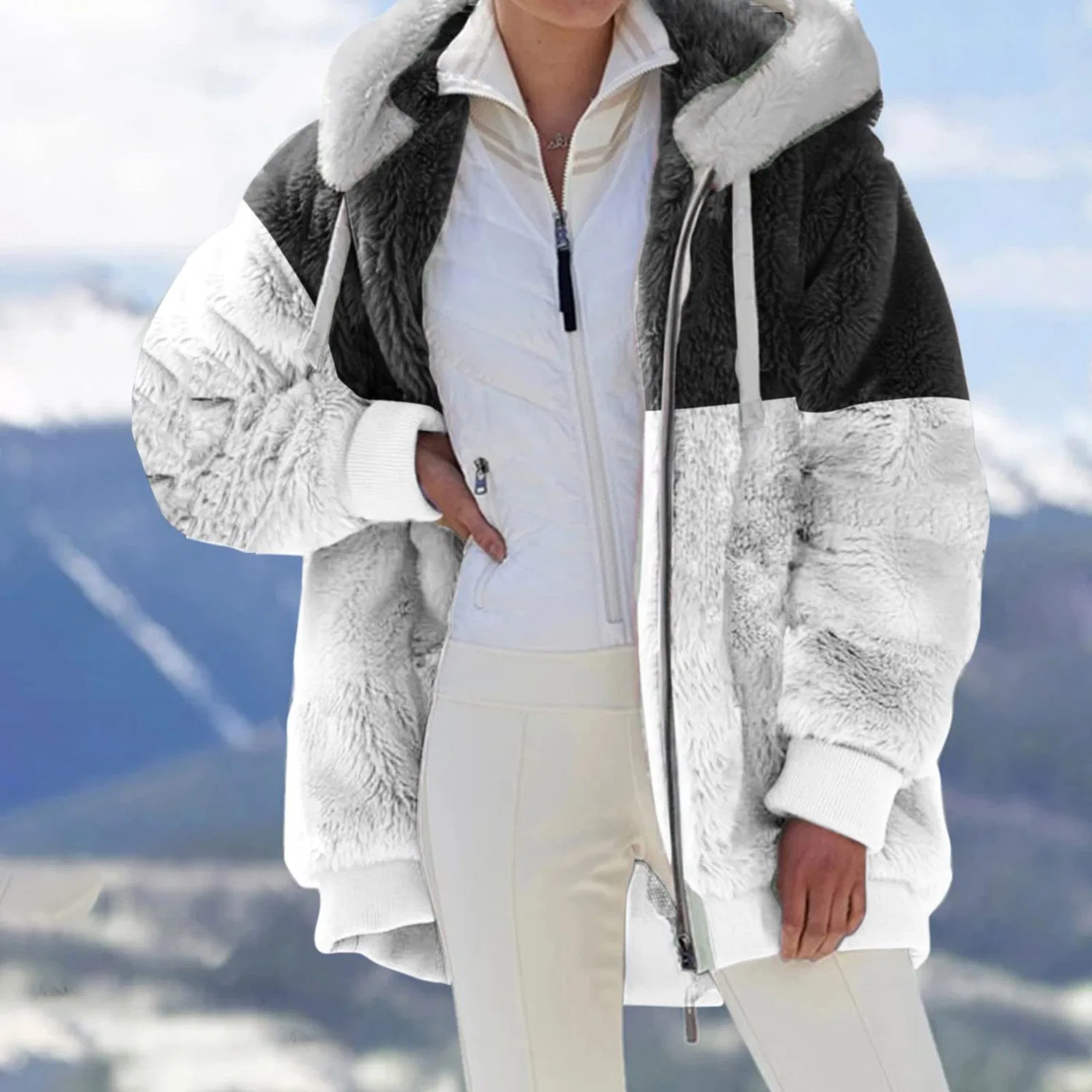 Женская мягкая длинная oversize-куртка с принтом двух цветов, на пуговицах, Nero12 — фото 3