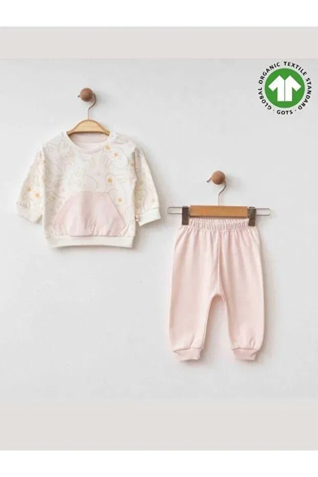 Детский комплект спортивного костюма для девочек с принтом Rabbit Printed Organic Zekids, Powder