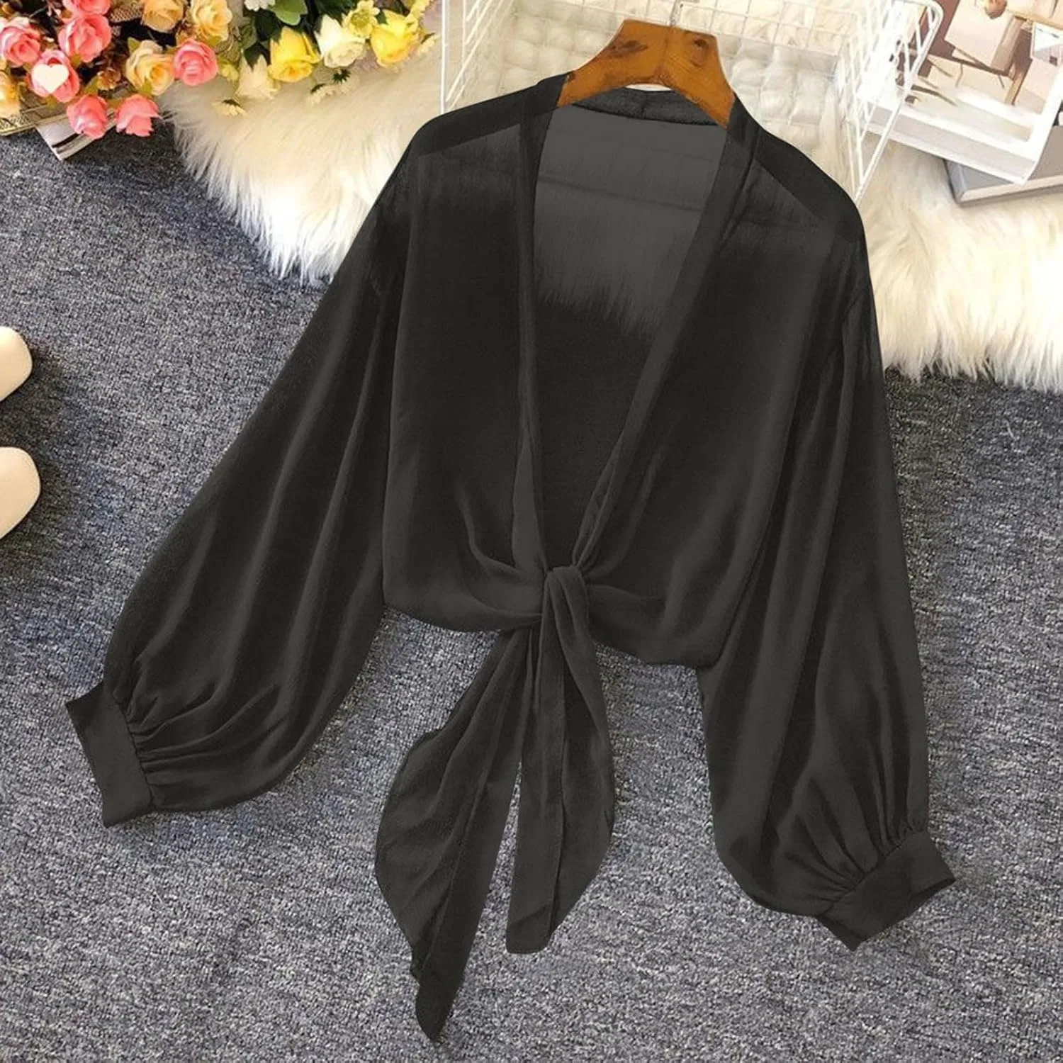 Женская пляжная накидка с V-образным вырезом Oversized Flowy Chiffon, Black — фото 3