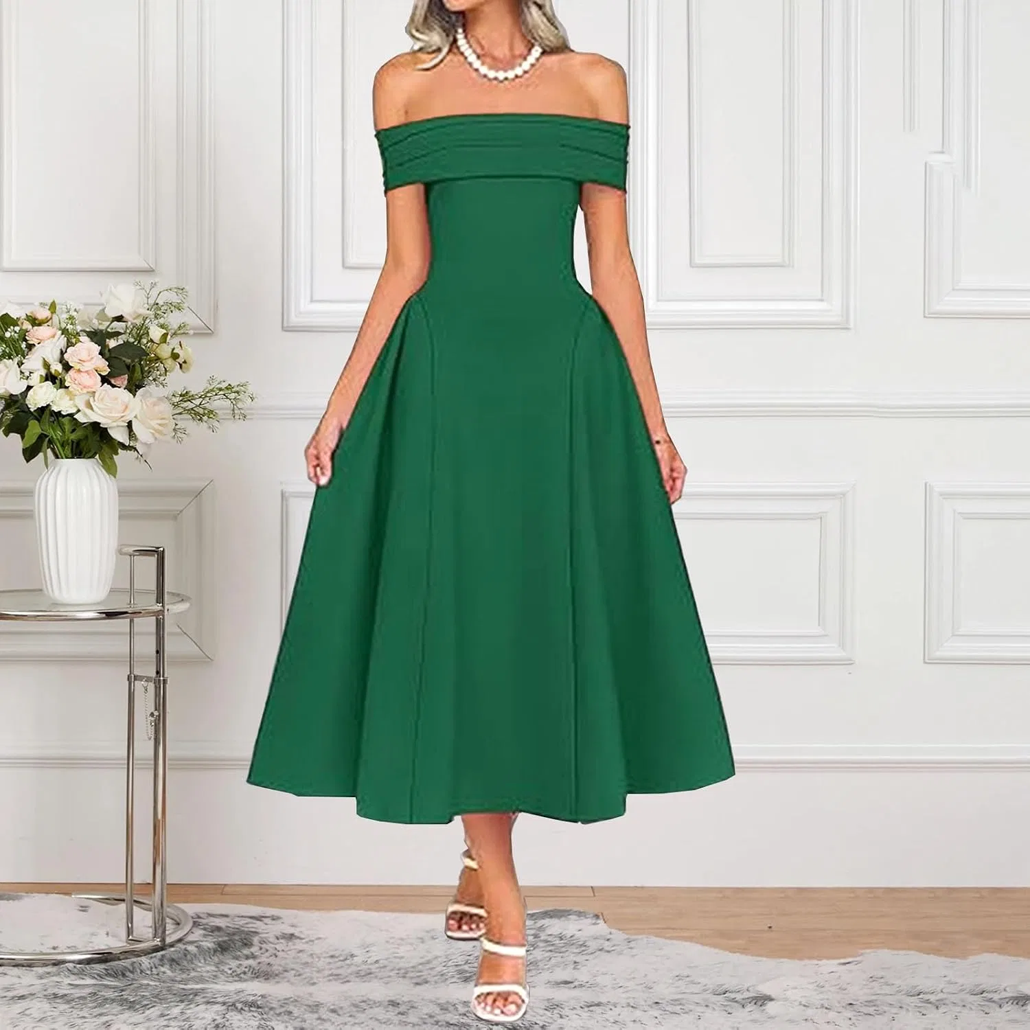 Женское элегантное платье с открытыми плечами, Green — фото 2
