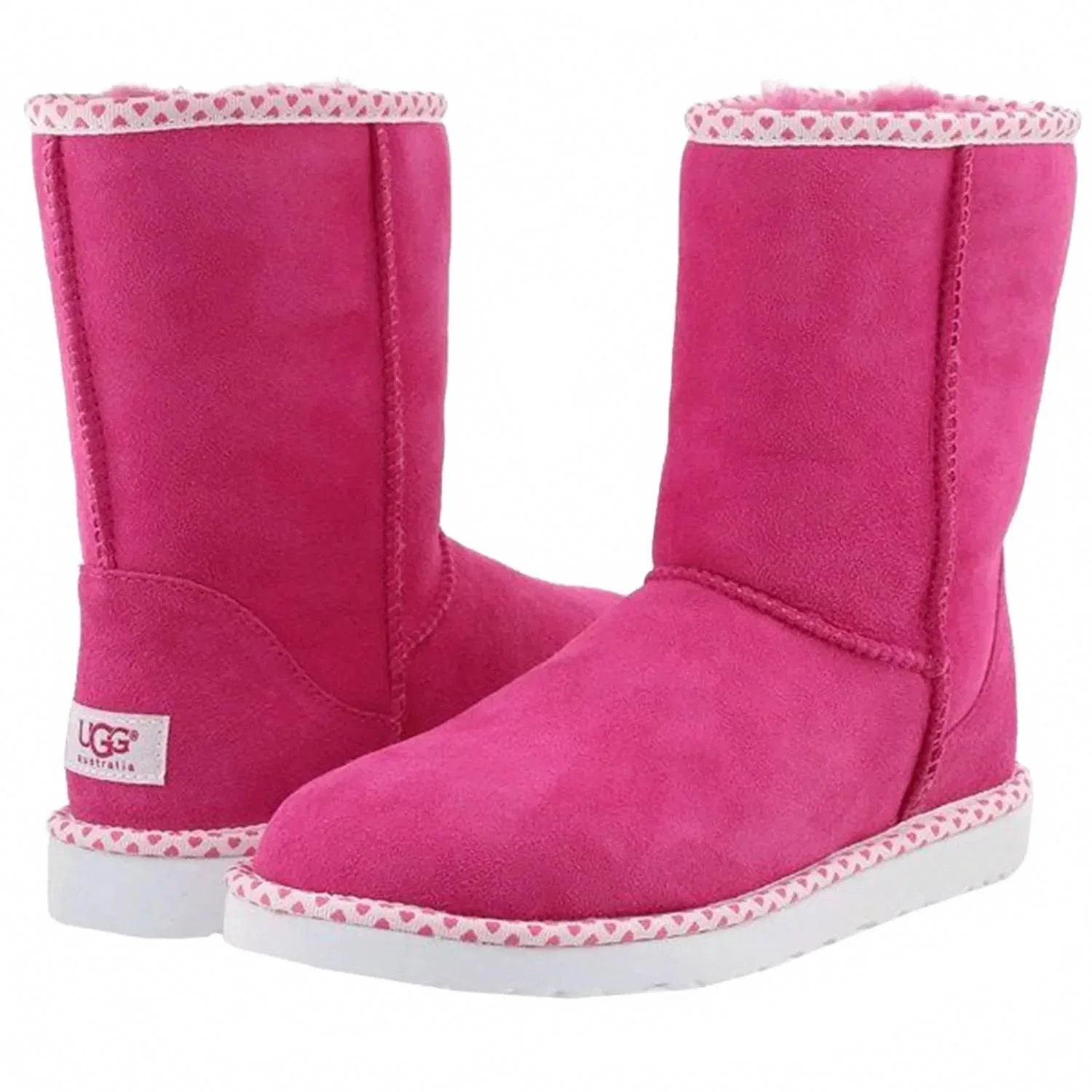 Детские классические зимние ботинки на мягкой подкладке с сердечками Classic Short Hearts UGG, Fuchsia — фото 2