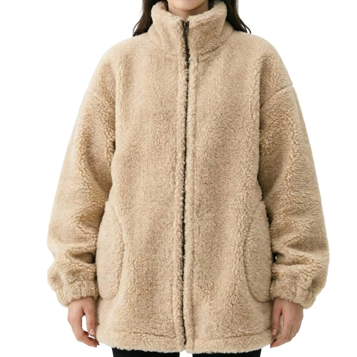 Женское пальто из флиса с длинным рукавом, модель Oversize, бренд, Beige