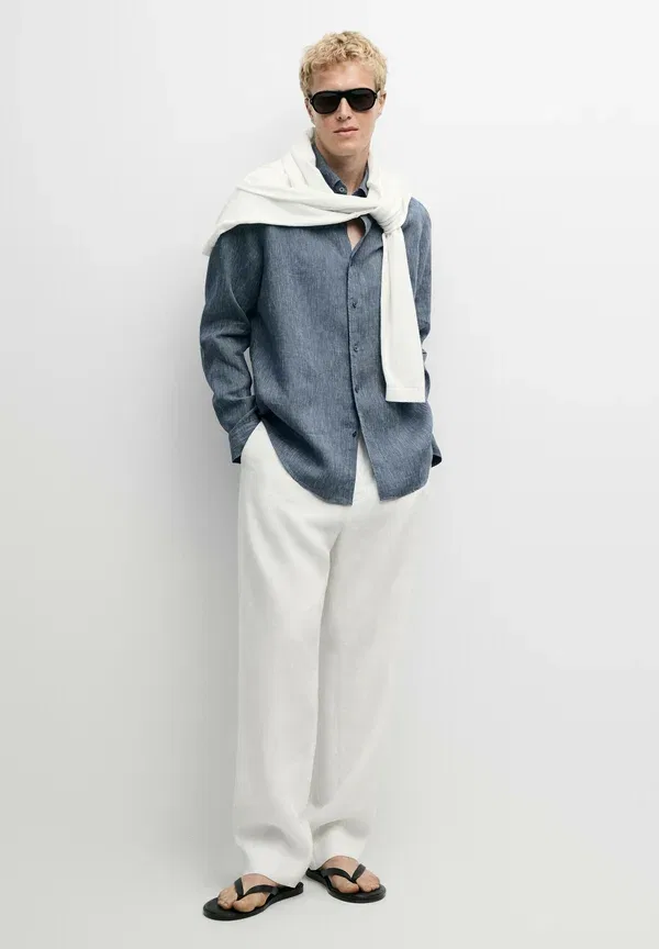 Рубашка из льна с полосками Massimo Dutti, Mottled Dark Blue, темно-синий — фото 2