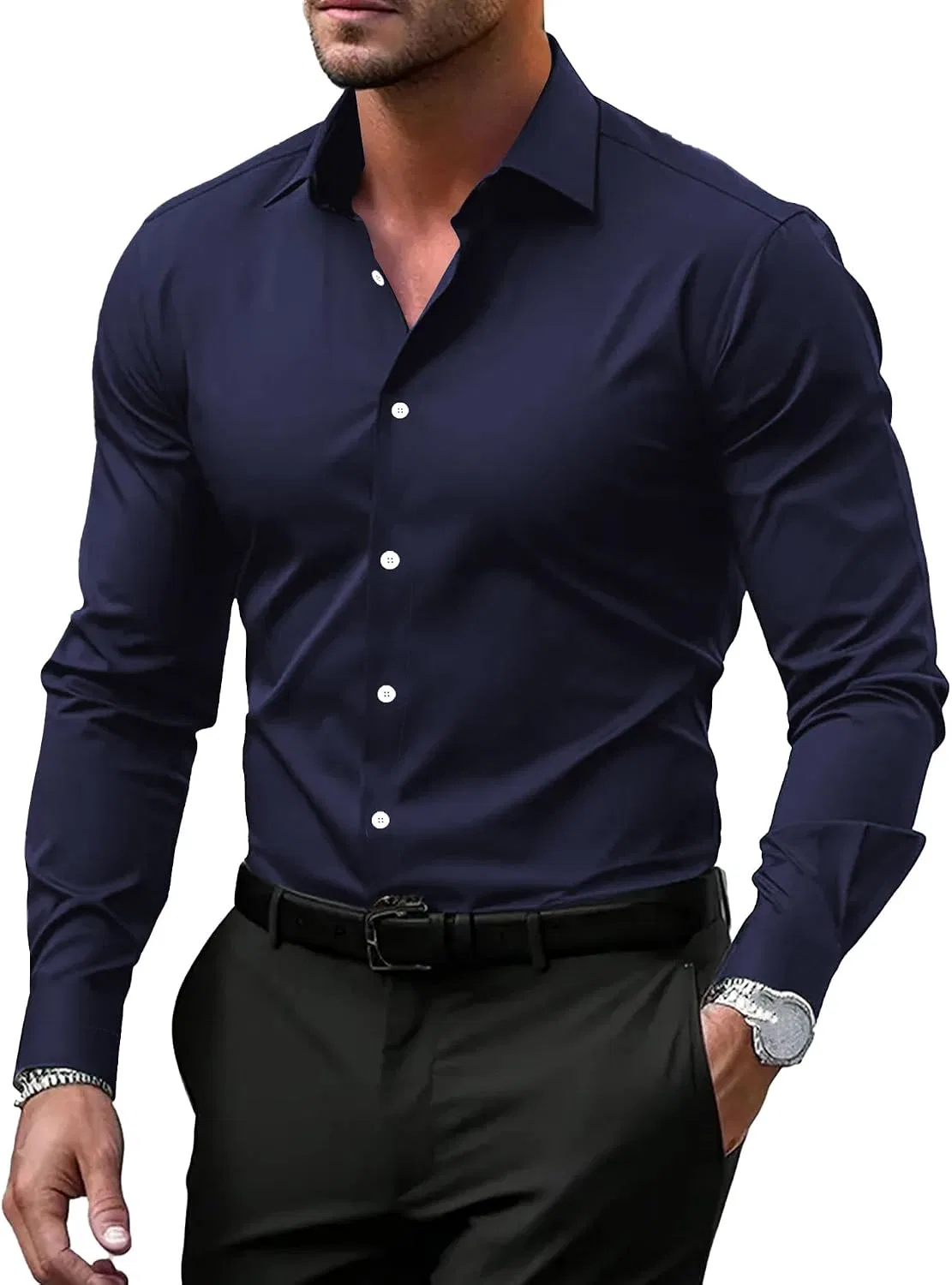 Мужская рубашка с длинным рукавом, Formal Dress Shirts, тёмно-синий