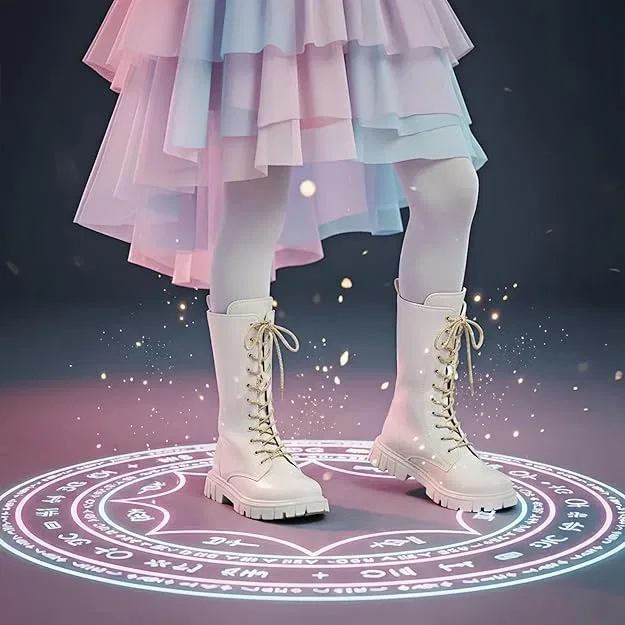 Детские ботинки для девочек на шнуровке с молнией, с принтом, Military Boots, White — фото 3