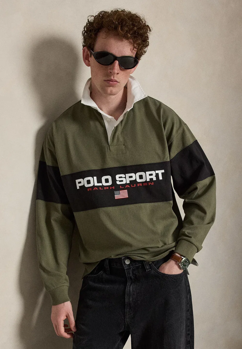Свободная спортивная рубашка-поло для регби с длинными рукавами Polo Ralph Lauren, Cruise Olive/Black Boot