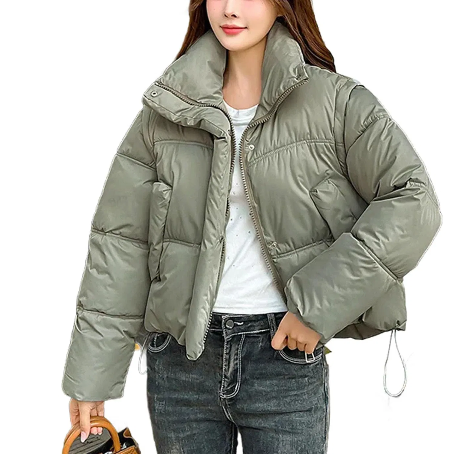 Женское зимнее пальто с коротким съемным рукавом и капюшоном, army green