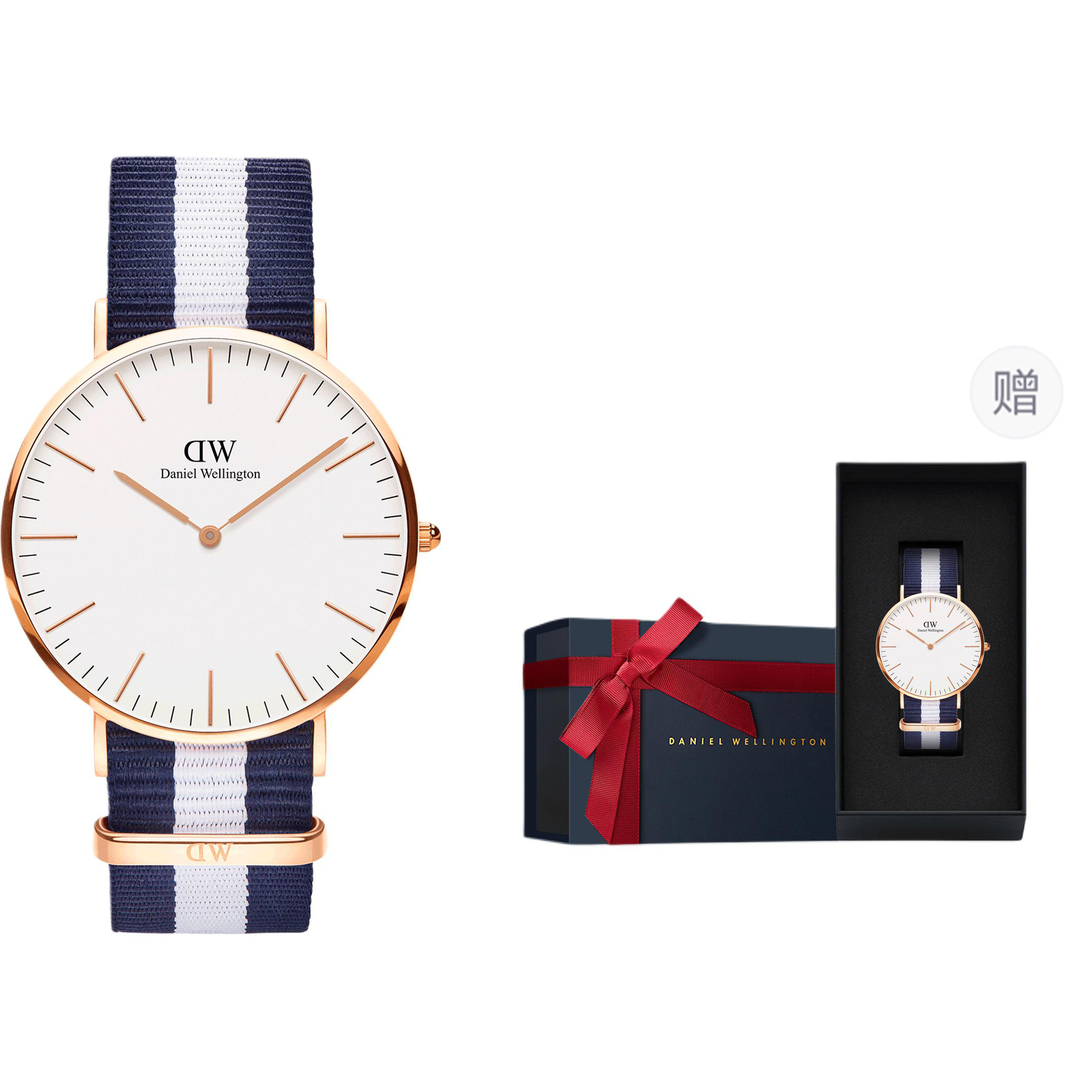 

DW/DanielWellington Часы Daniel Wellington Wrist Watch Quartz Movement Fabric Strap 40mm White Dial Unisex, Blue White Stripes-Rose Gold Frame