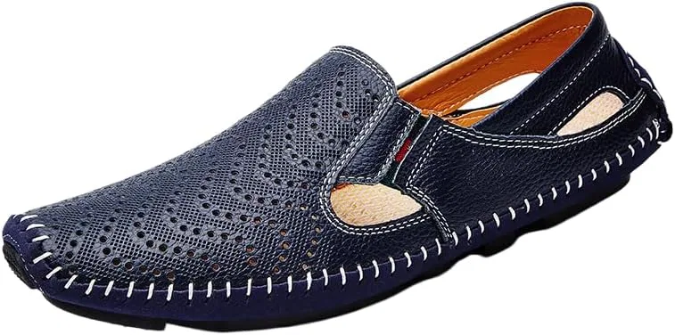 Мокасины кожаные перфорированные Men's Perforated Leather Moccasin Loafers Slip On Driving Shoes, синий NIUGQXPX