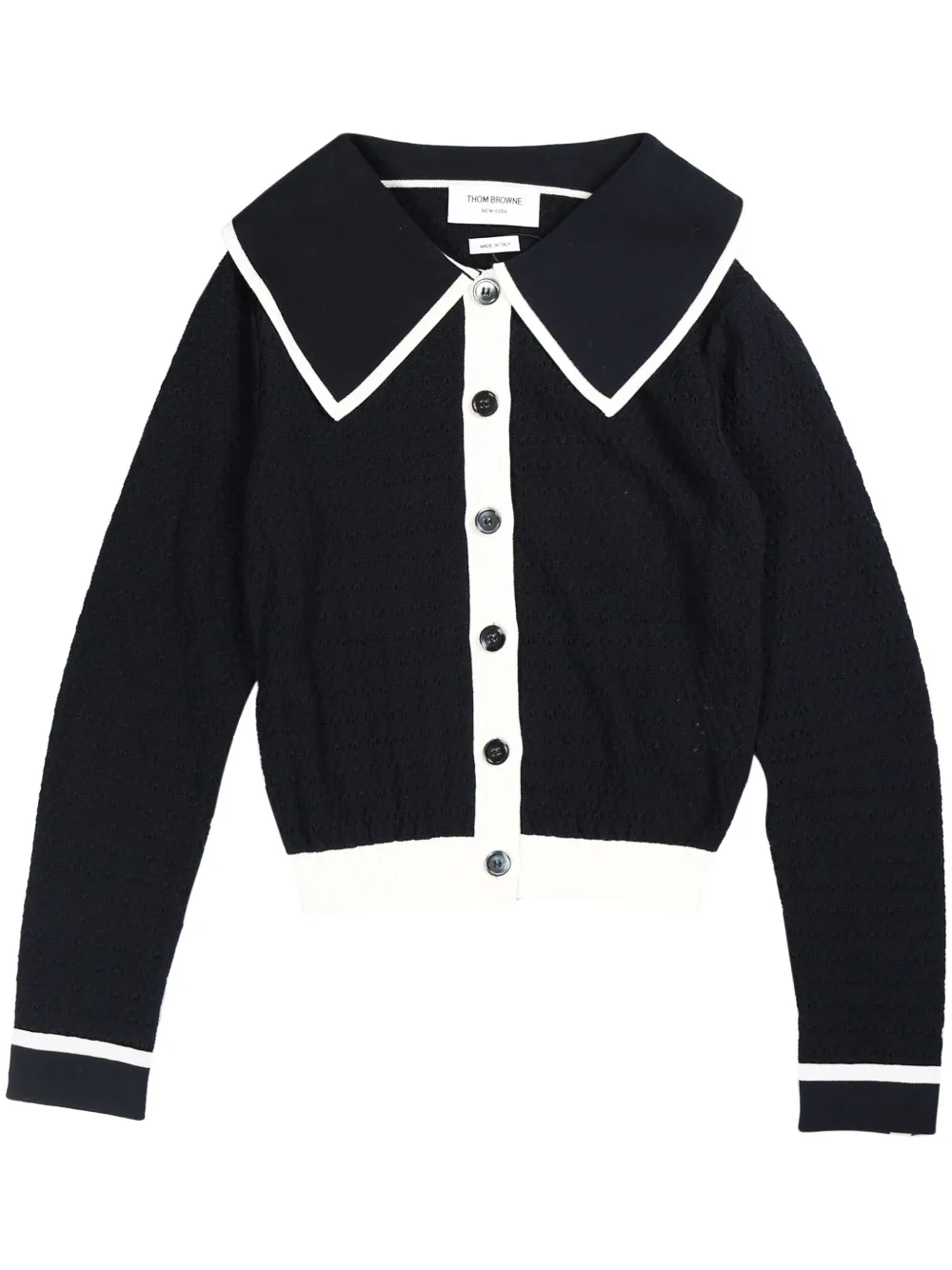 

Кардиган из хлопка в ажурную вязку с контрастной отделкой THOM BROWNE, синий