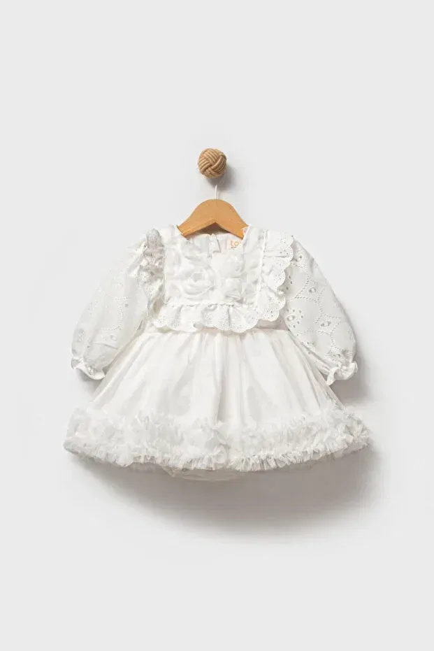 Детское платье для девочек кружевное Aster white long-sleeved lace-detail skirted baby girl special occasion festive dress Aysskids, White — фото 4