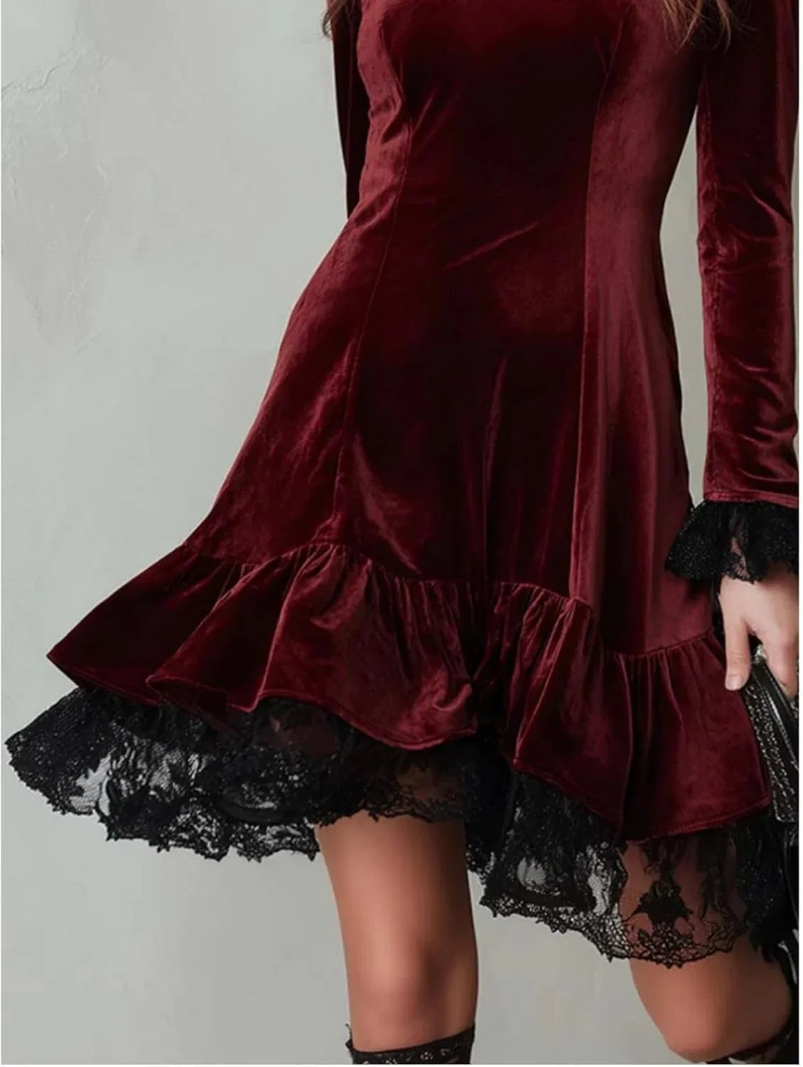 Женское платье мини с кружевной отделкой Vintage, Burgundy — фото 4