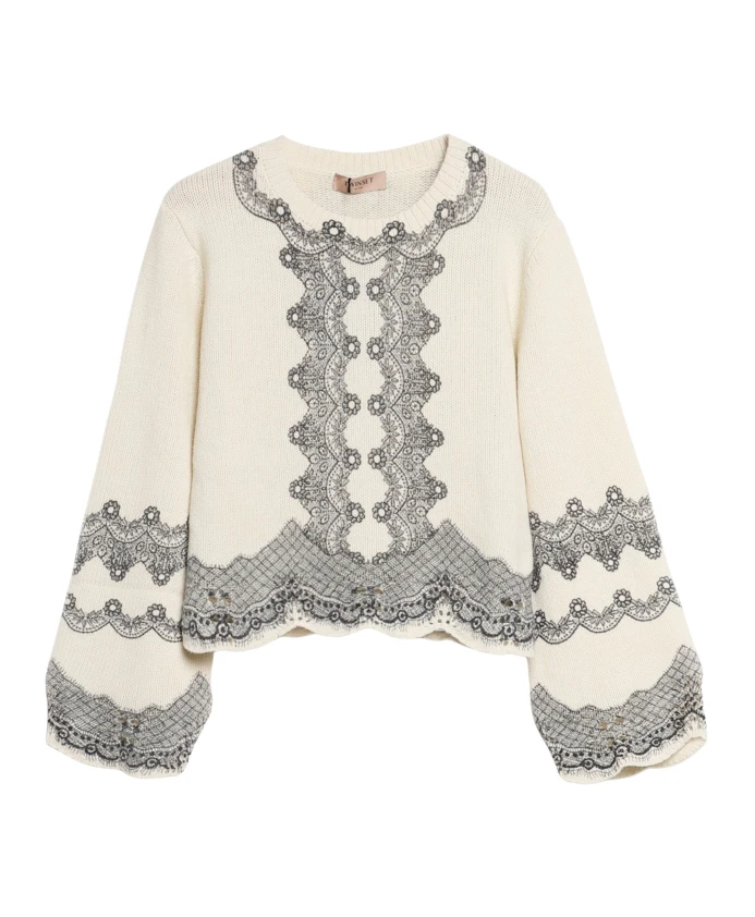 

Пуловер из шерсти и хлопка с кружевным узором Twinset, бежевый