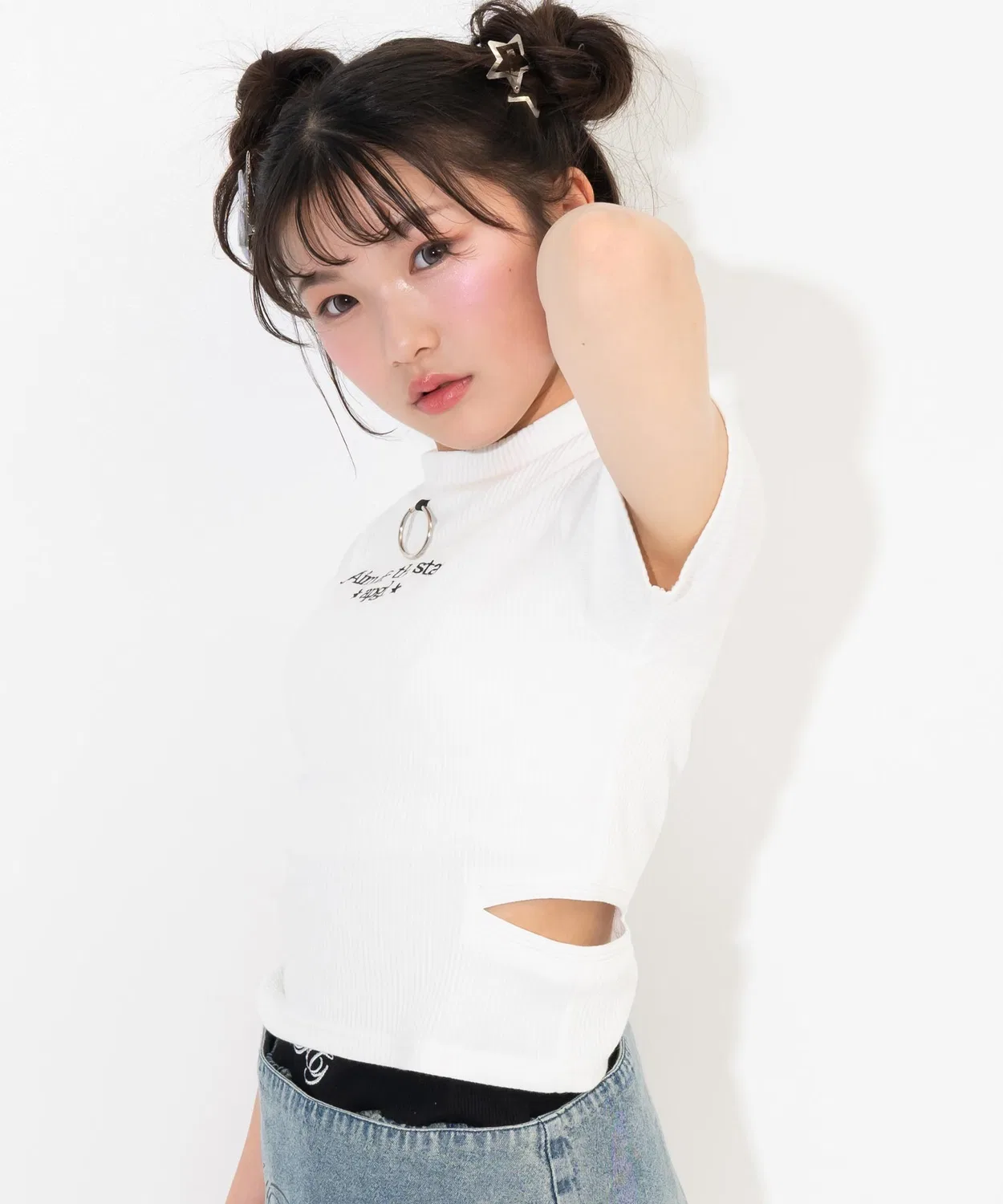 Детская футболка с принтом, короткий рукав, модель Side Aki Mini Neck Rib Ring ANAP GiRL, White — фото 4