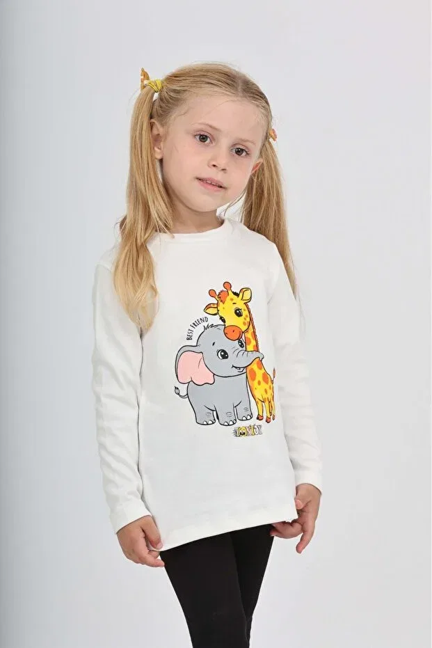 Детские свитшот для девочек с принтом Giraffe Elephant Toontoy, Ecru — фото 2