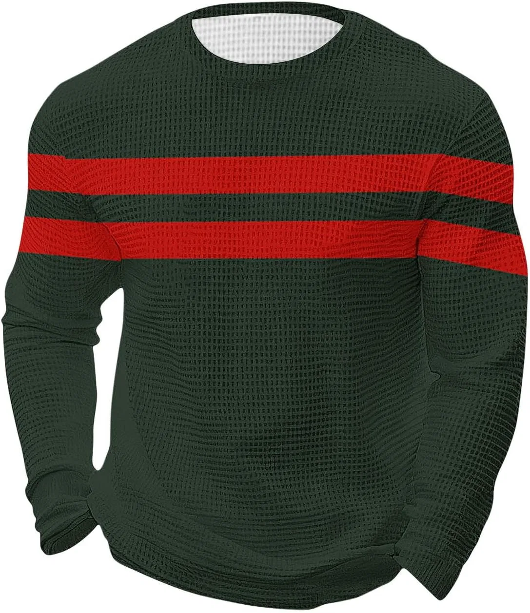 Мужская футболка с длинным рукавом вафельная полосатая, Army Green — фото 4