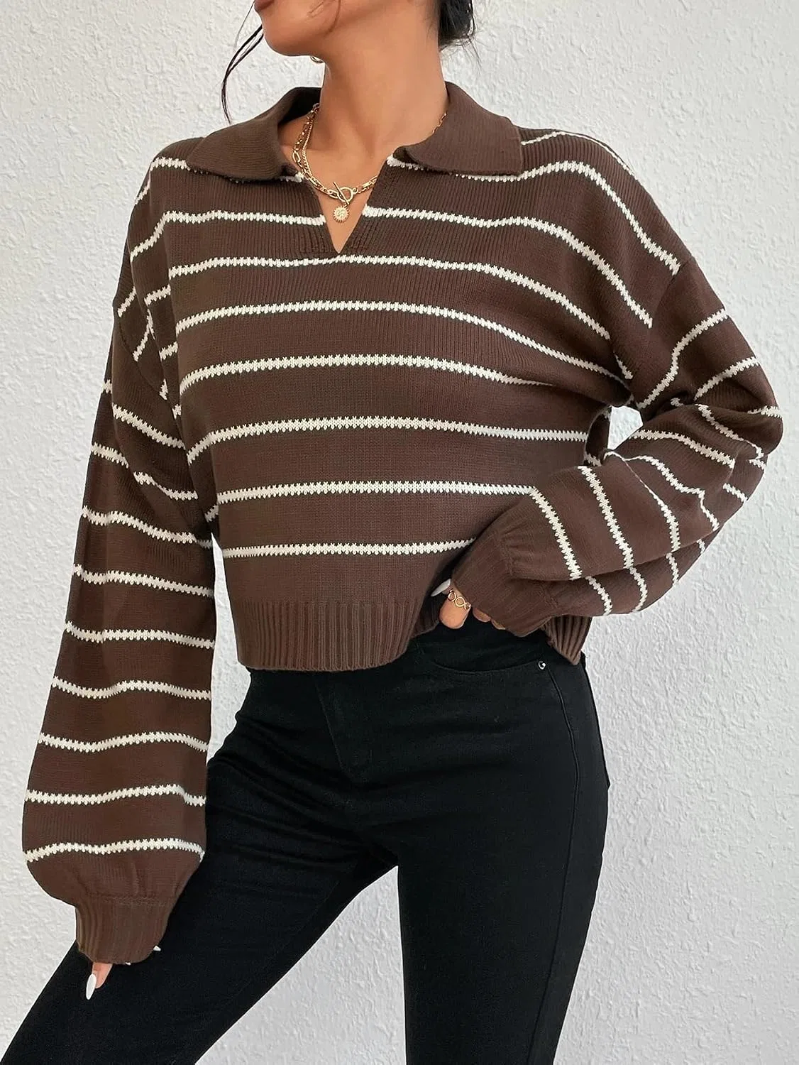 Женский свитер с принтом, Fall Winter Long Sleeve Cropped, коричневый — фото 4