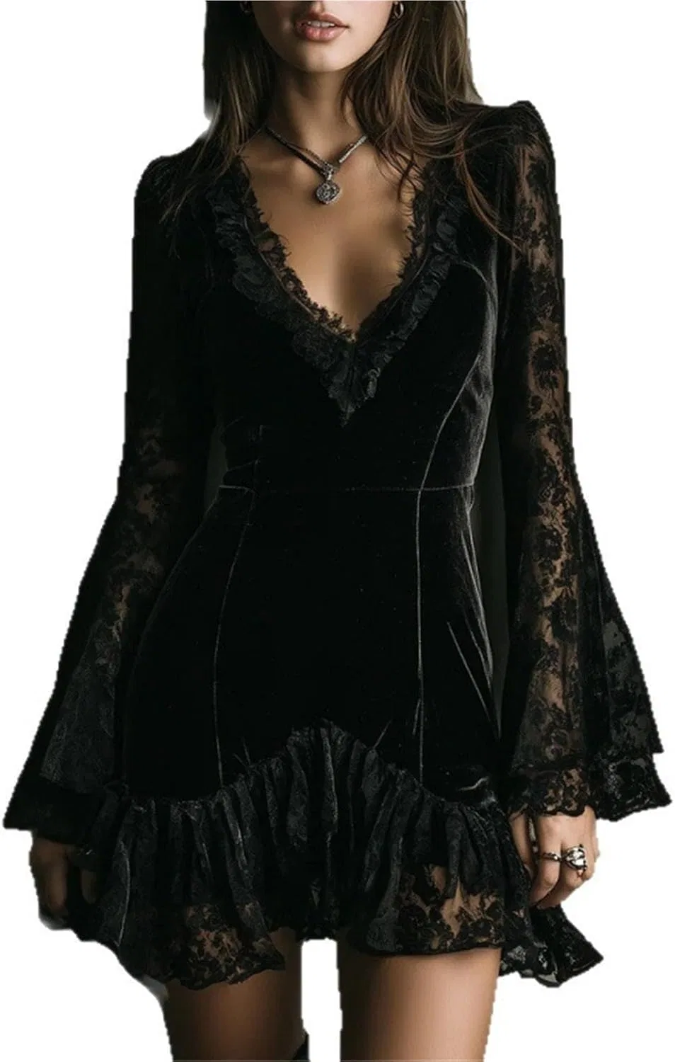 Женское мини-платье с кружевными длинными рукавами Gothic, Black