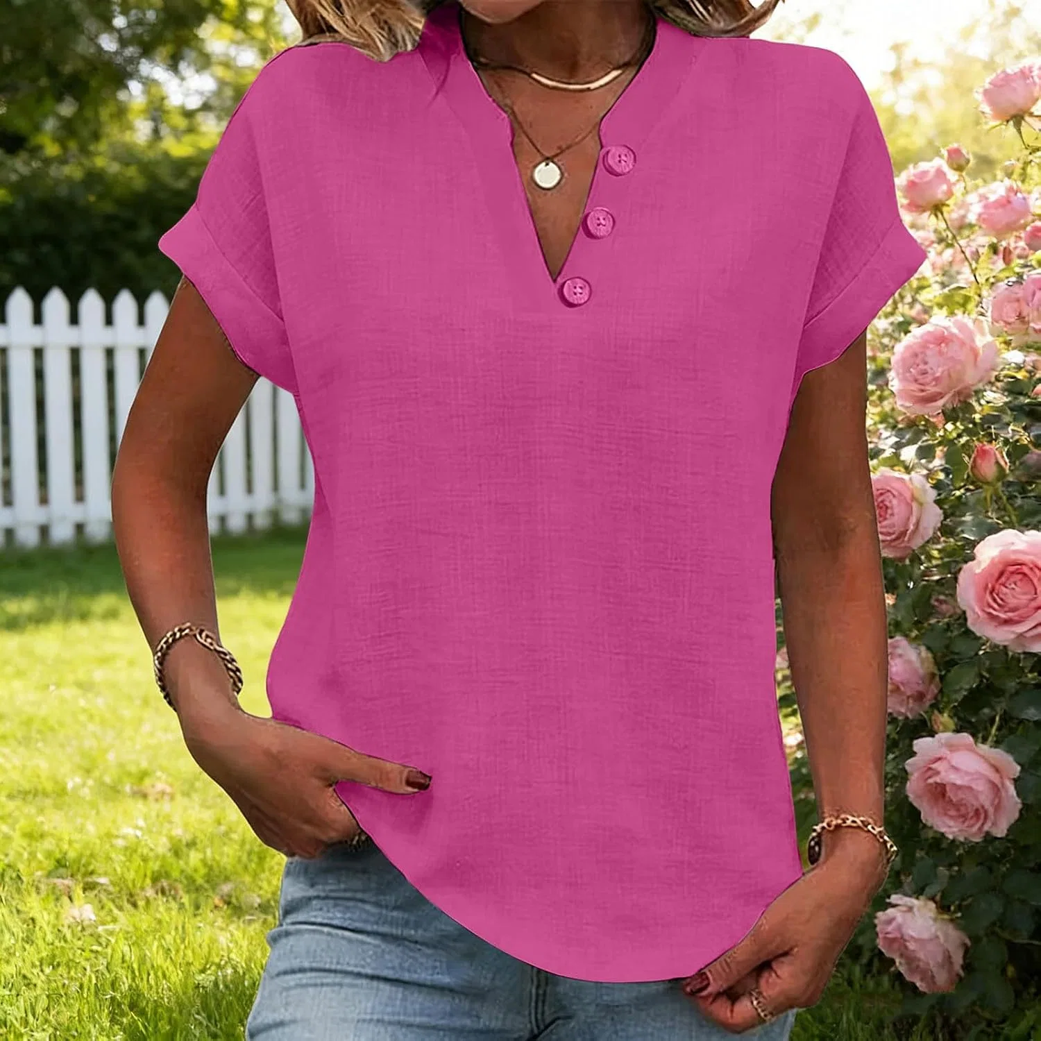 Женская льняная футболка с V-образным вырезом Cotton Linen, Pink — фото 2