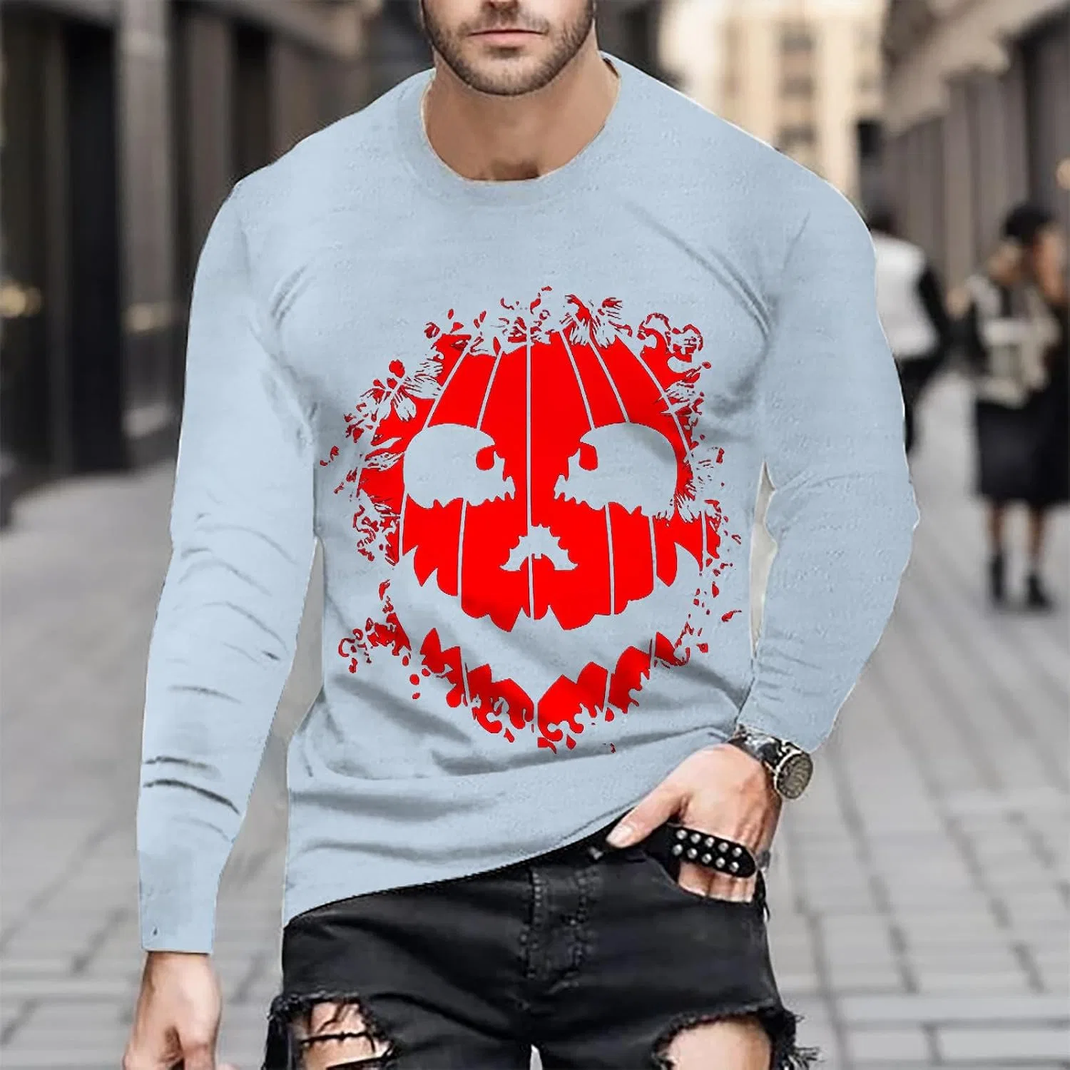 Мужская футболка с принтом тыквы Long Sleeves, Light Blue — фото 3