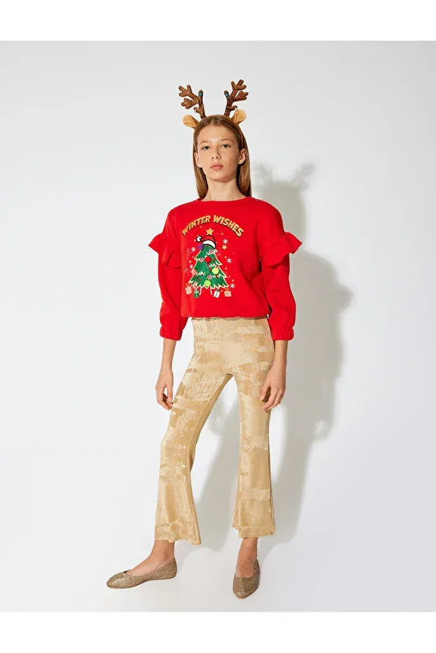 Детские свитшот для девочек с принтом Christmas tree printed frilly sweat with pompom detail Koton, Red