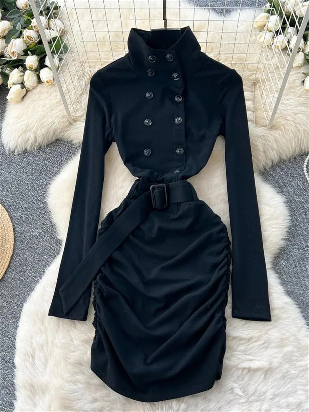 Женское элегантное длинное платье с высоким воротником и поясом, Black — фото 3