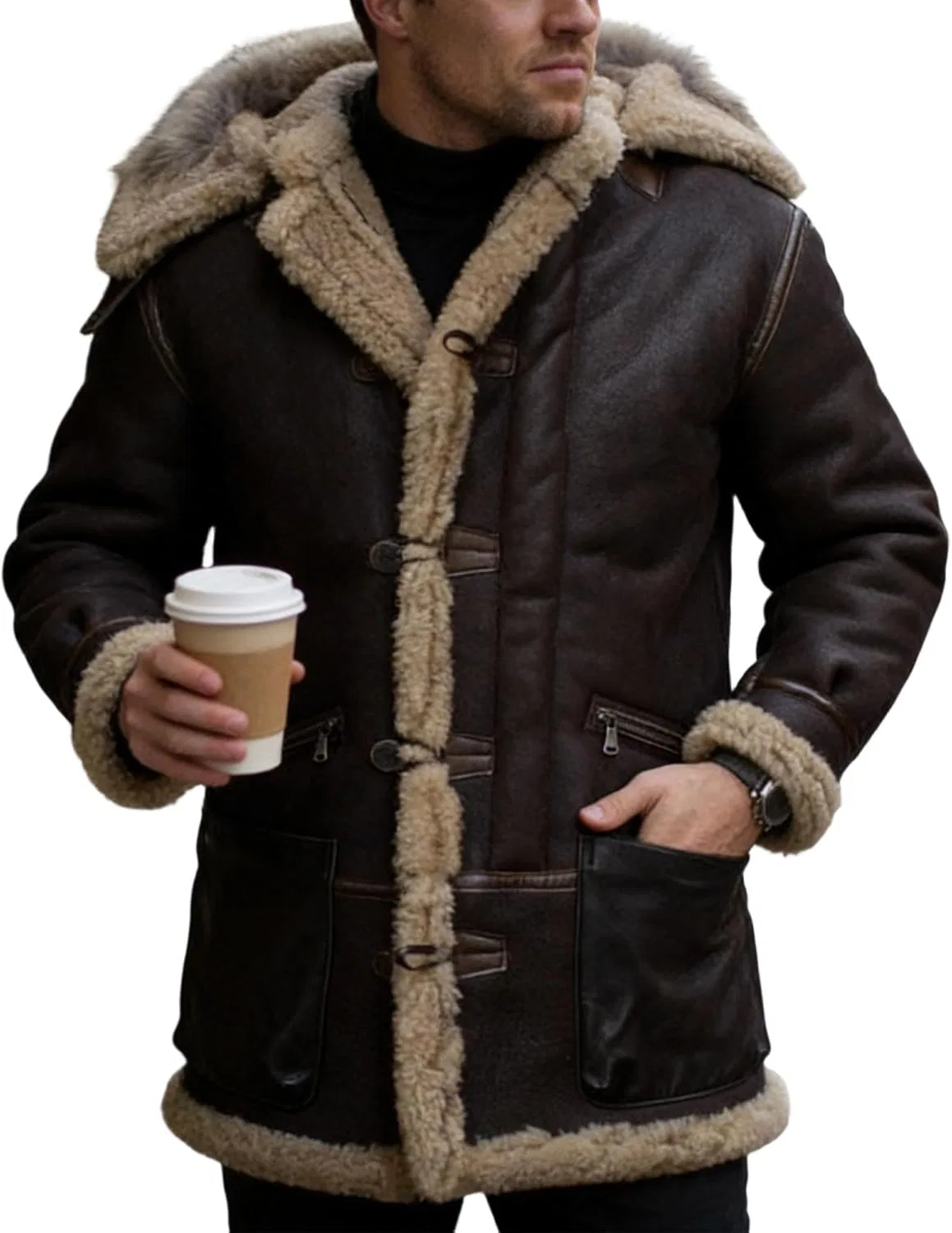 Мужское пальто из искусственной кожи с флисовой подкладкой, Vintage Faux Fur Long Trench Coats, тёмно-серый