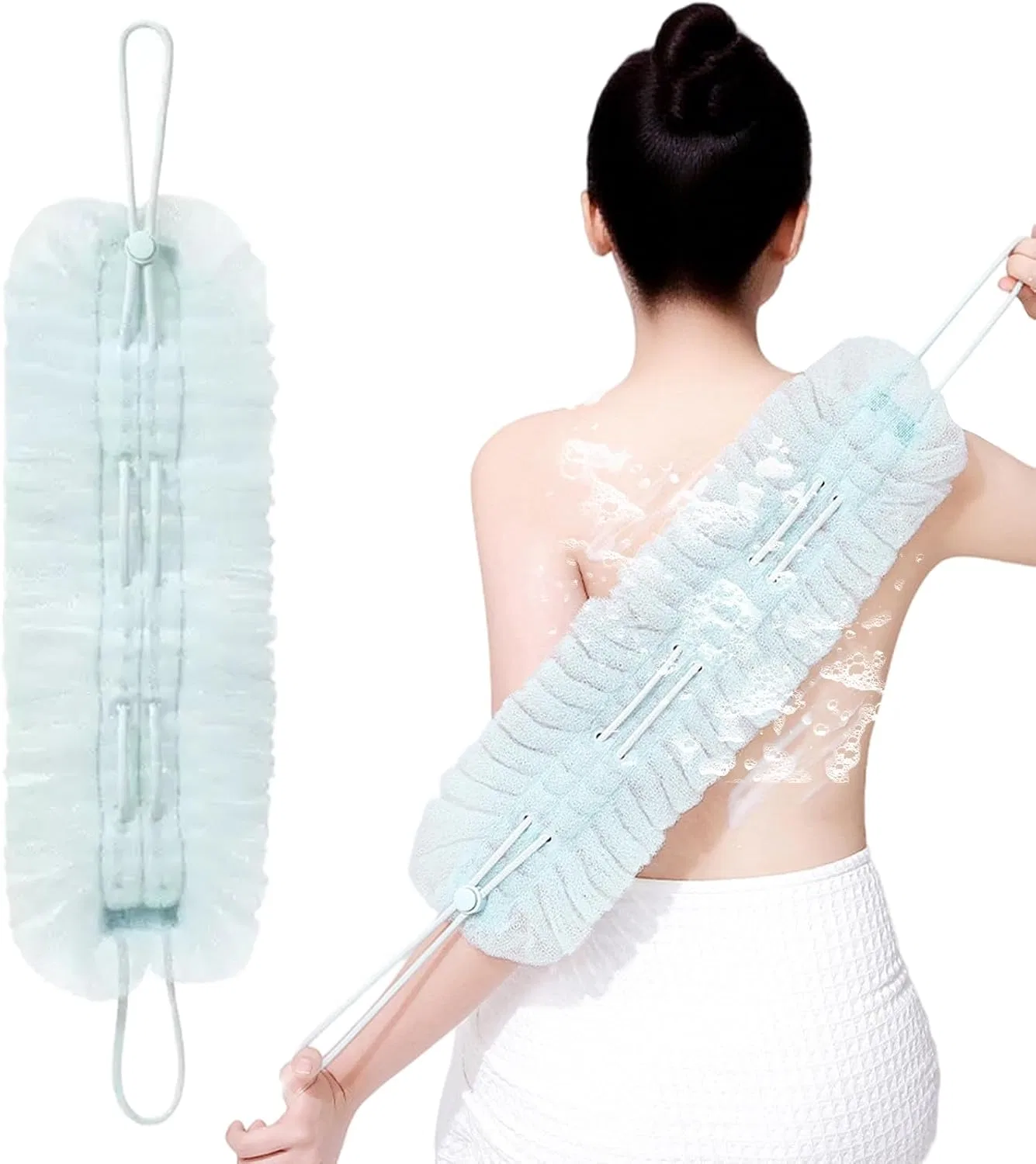 Люфа для тела, 2 в 1, с ручкой для спины, Nylon, 14x49 см, Cyan Blue Generisch