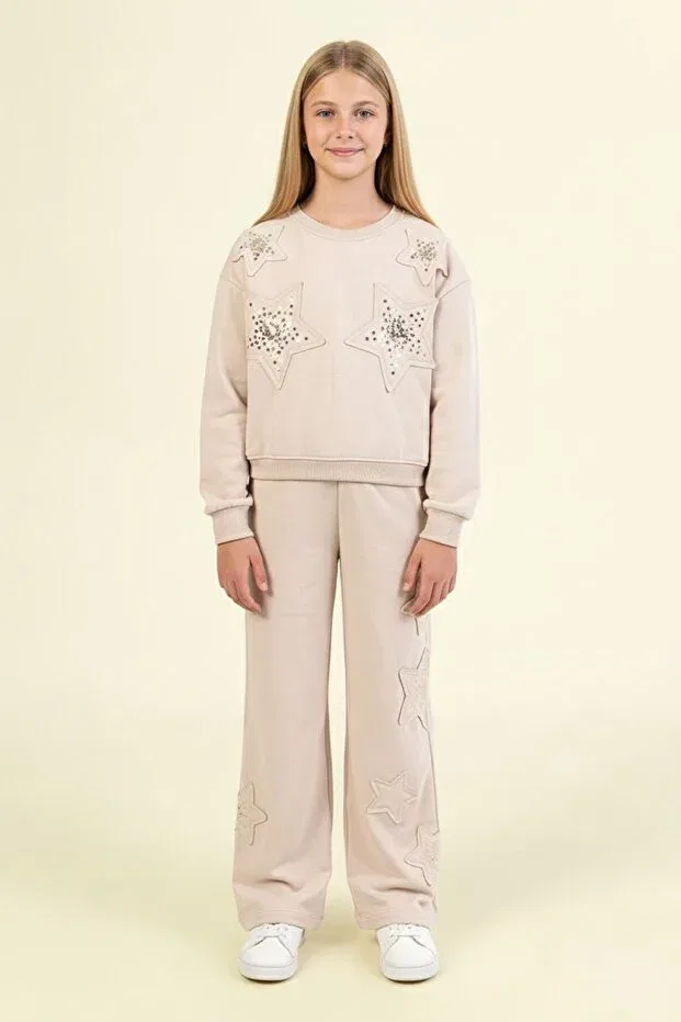Детский спортивный костюм для девочек с блестками star tracksuit set Dmb Boys & Girls, Beige — фото 4
