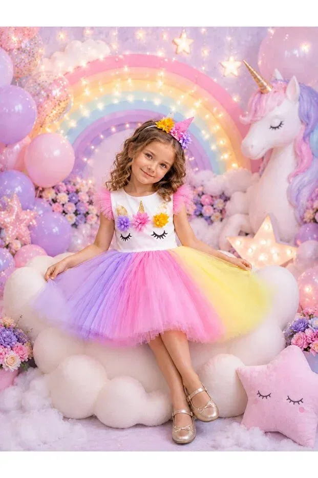 Детское платье для девочек с принтом Girl'S colorful birthday crowned colorful unicorn ribbon zipper party dress Generic Brands, Pink — фото 2