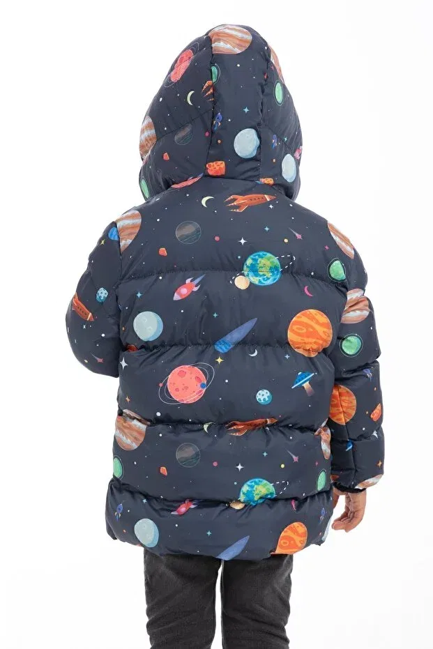 Детский пуховик для девочек с принтом Planet Star Pattern Firststops, Navy Blue — фото 4