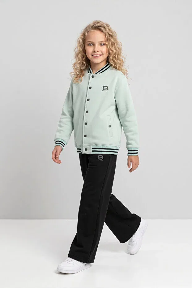 Детский спортивный костюм для девочек с принтом College Collar Wide Leg Black One, Mint Green — фото 3