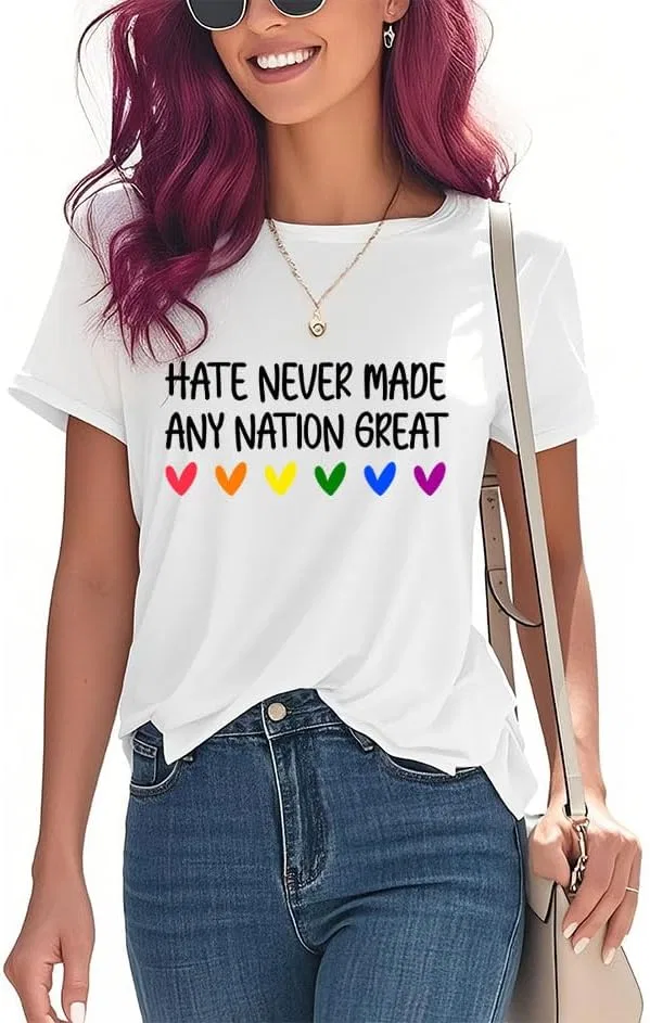 Unisex футболка с принтом Hate Never Made Any Nation Great Regular Fit, Pink — фото 3
