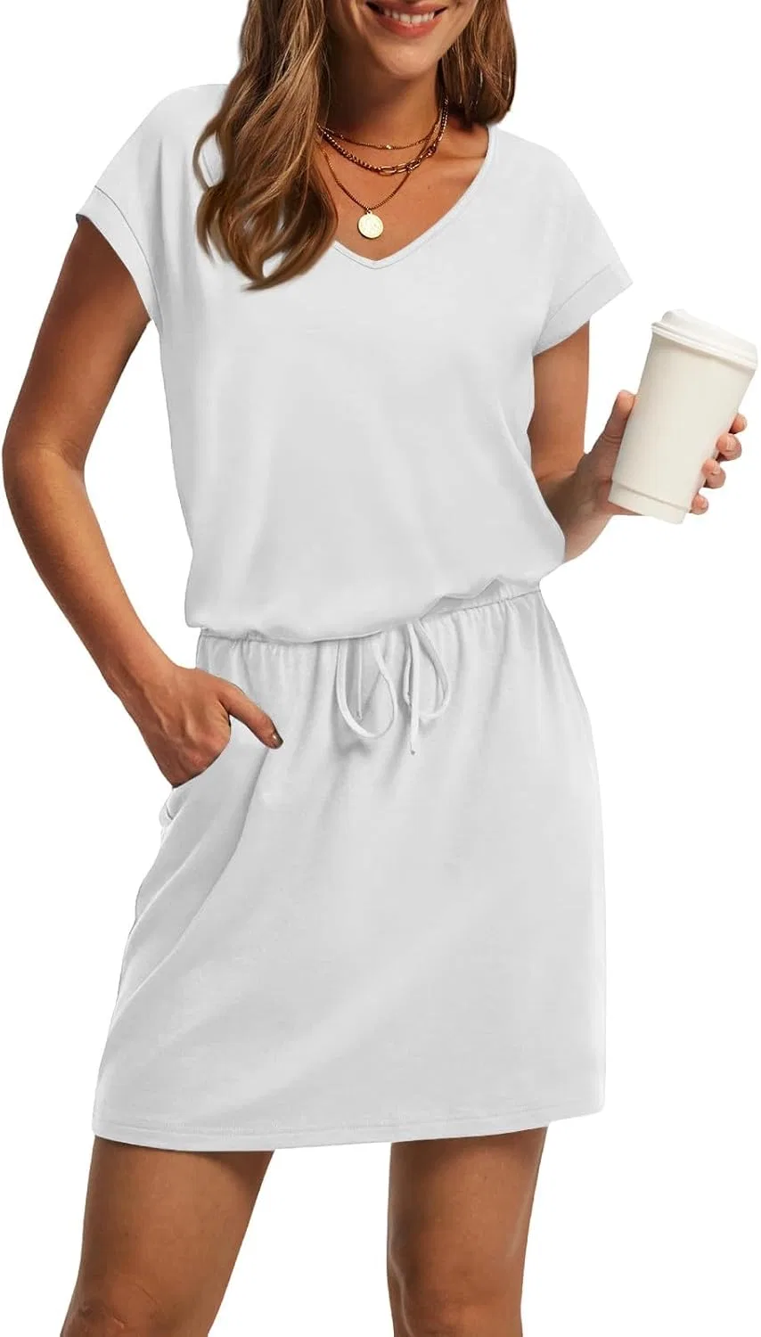 Женское летнее мини-платье с V-образным вырезом и поясом, T-Shirt Dress, White — фото 2